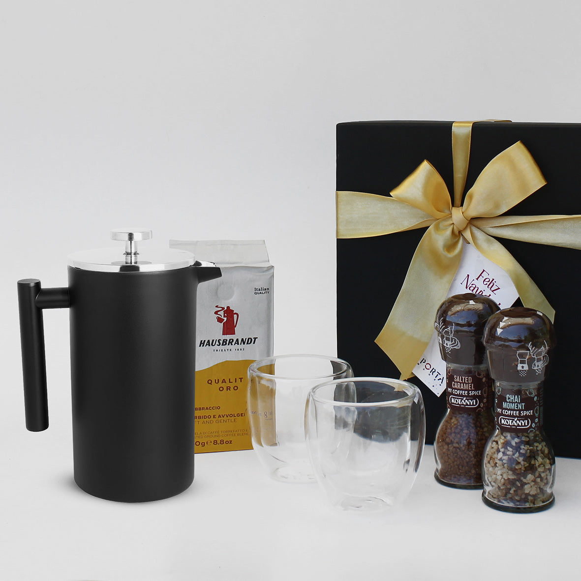 “Regalo Ritual Café con prensa francesa Bolonia, vasos doble pared y aderezos gourmet – Aporta Imagen Chile”