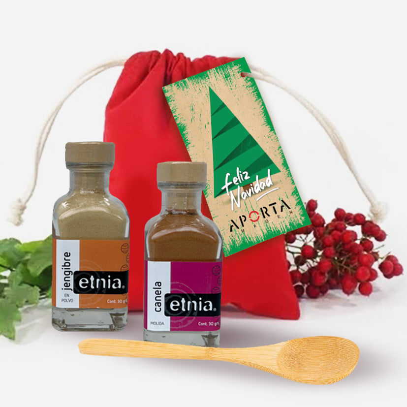 “Regalo Saquito Jengibre Canela con especias Etnia en bolsa de algodón y tarjeta de saludo – Aporta Imagen Chile”