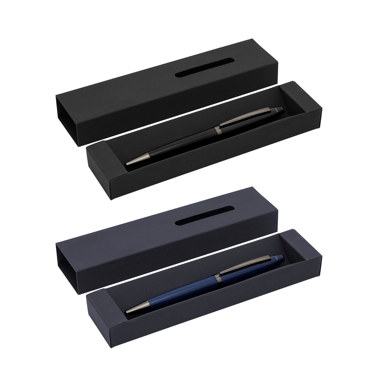 Este bolígrafo de acero inoxidable está disponible en acabados negro y azul mate, y se presenta en una exclusiva caja de regalo a juego. Es la elección perfecta para quienes buscan un artículo promocional de alto valor percibido. Activación suave y precisa con un giro simple, sin pulsadores visibles.
