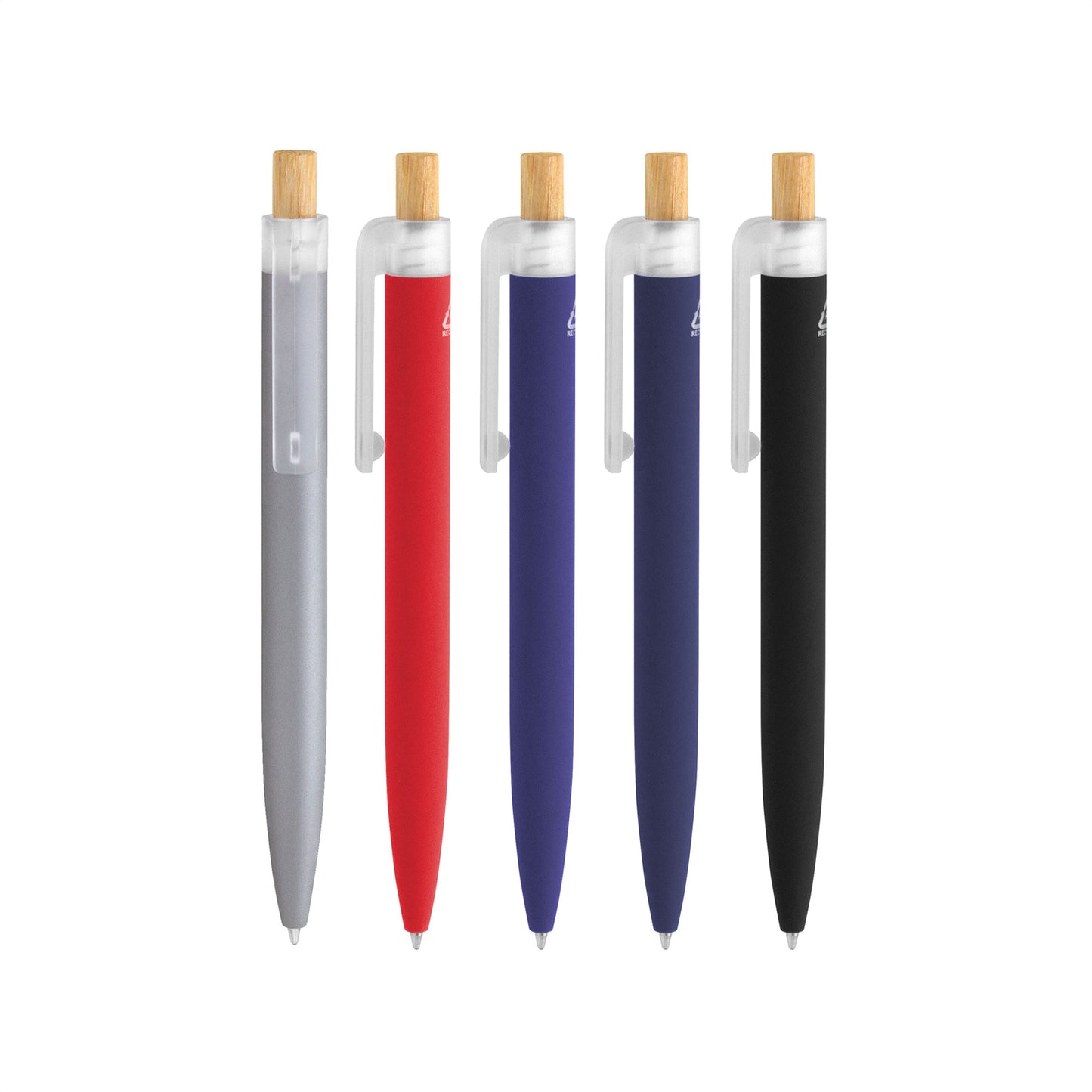 Descubre el bolígrafo retráctil de aluminio con acabado mate engomado, suave al tacto. Diseño único con botón de bambú natural. ¡Elegancia y confort en cada trazo!