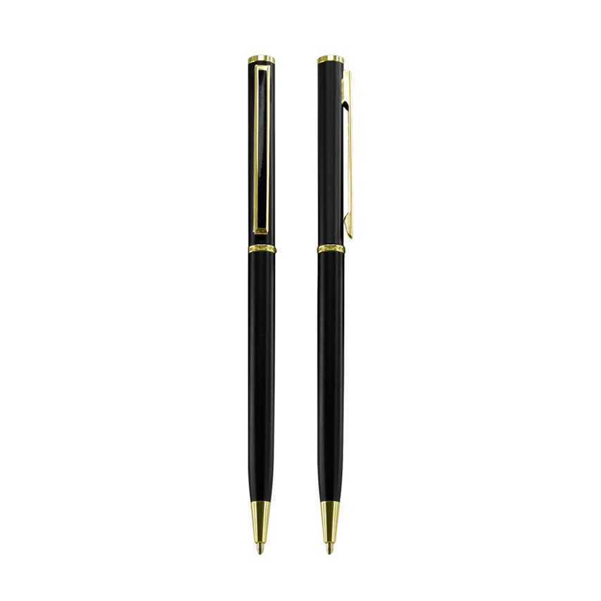 Elegante bolígrafo metálico Tourist color negro con detalles dorados y tinta negra. Ideal para hoteles, turismo y regalos corporativos con logo impreso o grabado.