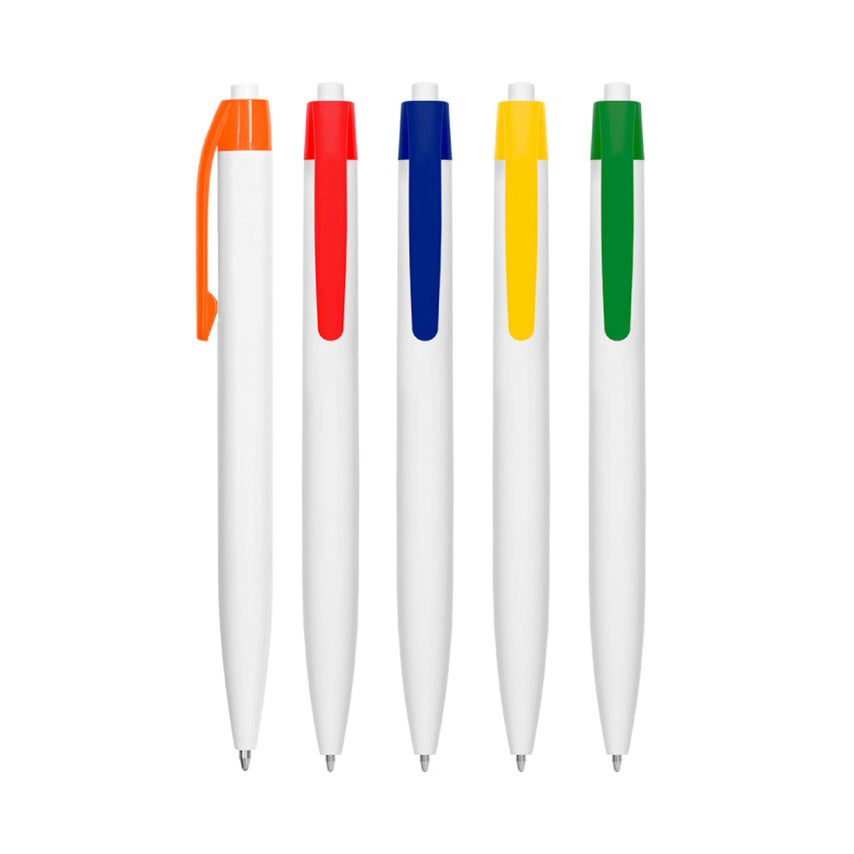 Bolígrafo retráctil con cuerpo y pulsador plástico, tinta negra e impresión de logo. Ideal para promociones, eventos y regalos corporativos.