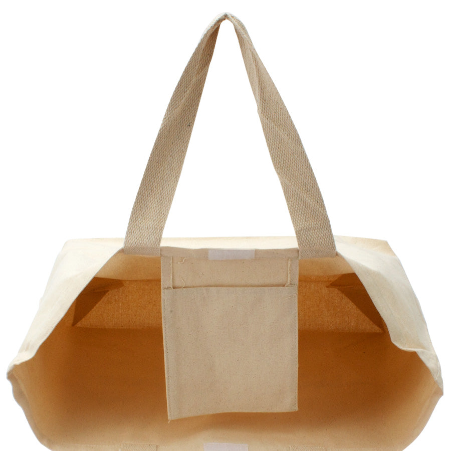 Bolsa grande de canvas 100% algodón natural de 10 onzas con cierre de velcro interior y bolsillo interno. Personalizable con logo para empresas y eventos.