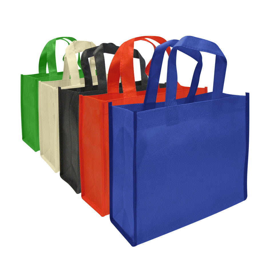 Bolsa reutilizable de tela no tejida (TNT) tamaño 25 x 20 x 8 cm. Compacta, práctica y disponible en varios colores. Personalizable con logo corporativo.