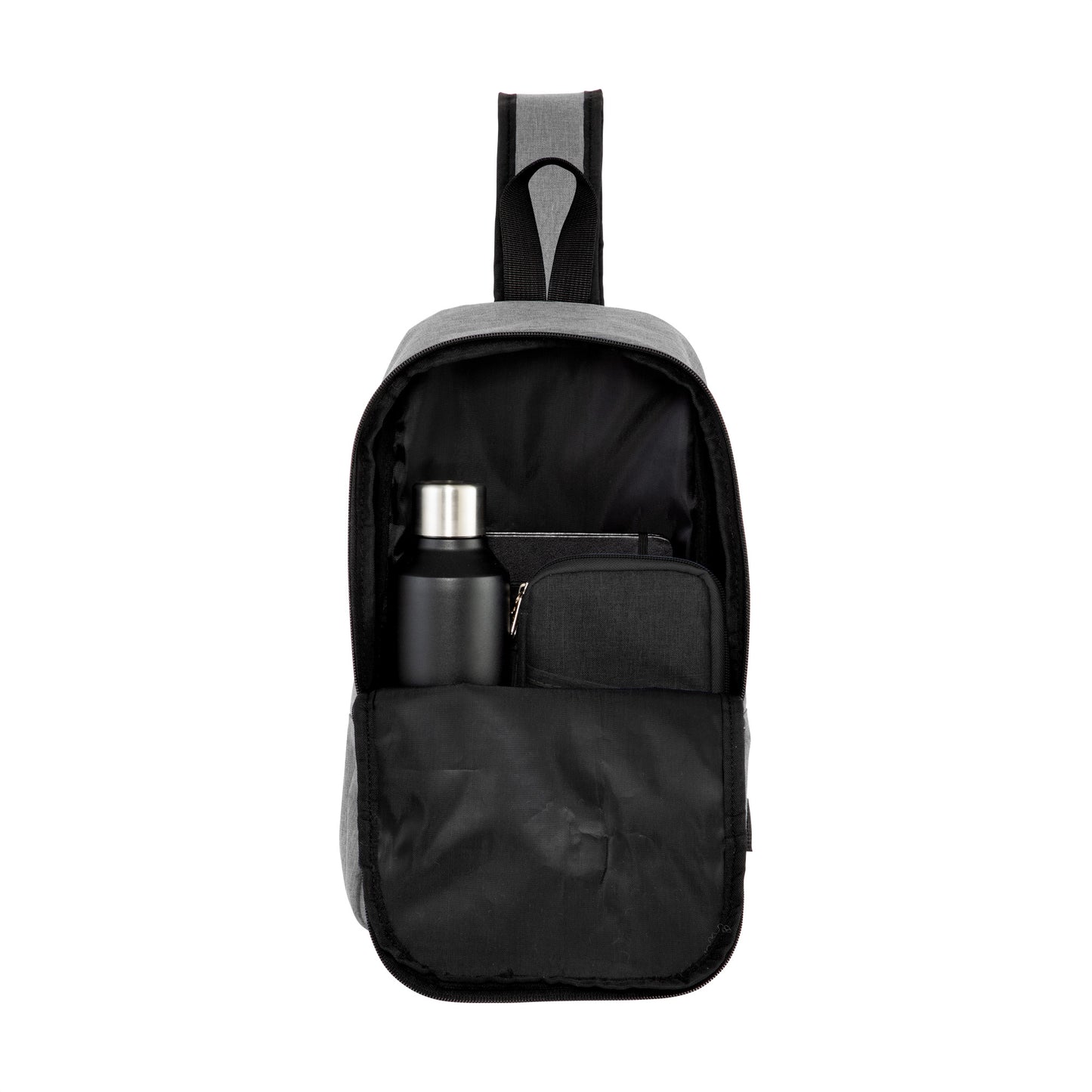 Bolso bandolera de un hombro con compartimentos organizadores, respaldo acolchado y tela fabricada con plástico reciclado. Personalizable con logo corporativo.