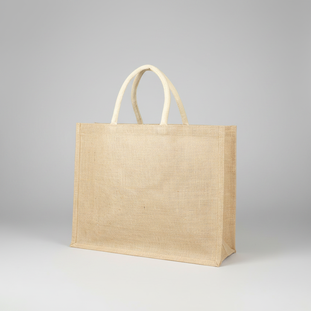 Bolso grande de yute natural con bolsillo frontal de algodón y asas reforzadas. Ideal para promociones, eventos y regalos corporativos personalizados con logo de la empresa.
