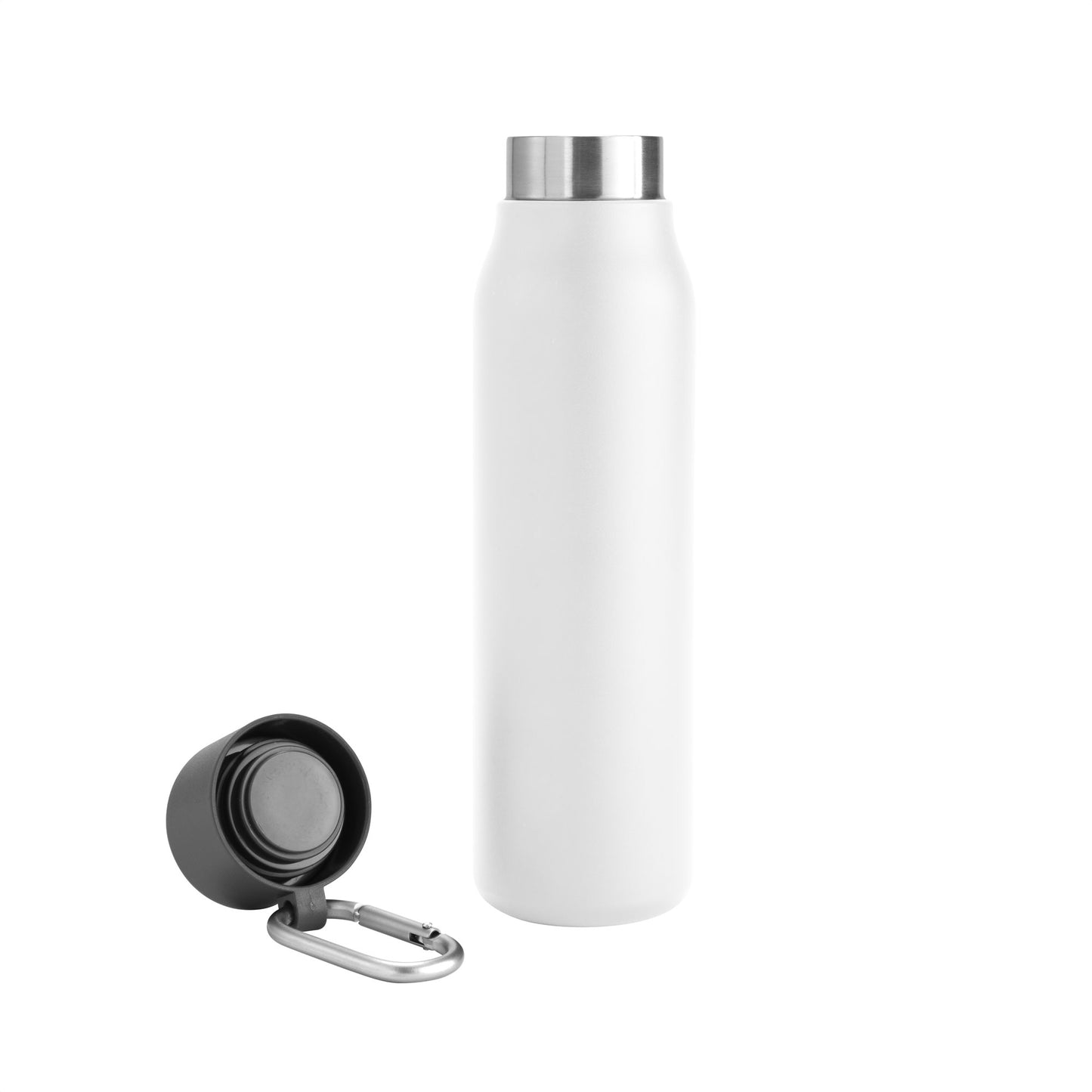 Botella de doble pared sellada al vacío de 550ml. Mantiene bebidas frías 24h y calientes 12h. Incluye mosquetón. ¡Personalízala con tu logo impreso o grabado!