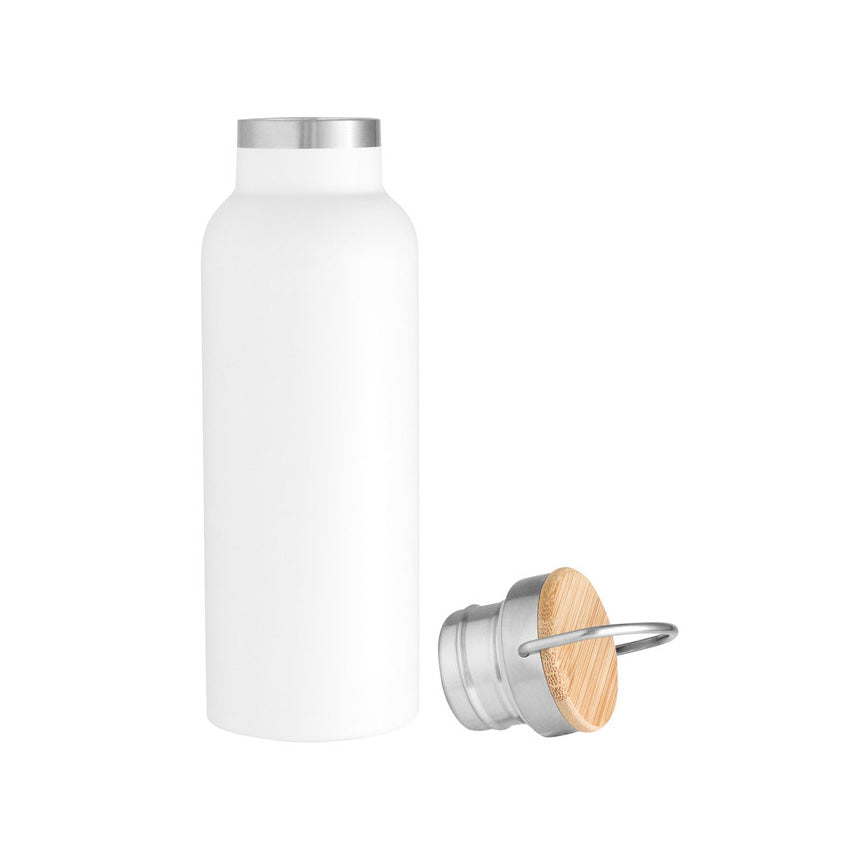 Botella térmica 550ml acero inoxidable con manija rebatible y detalles en bambú. 12hrs caliente, 24hrs frío. Logo impreso o grabado. Mínimo 100 unidades.