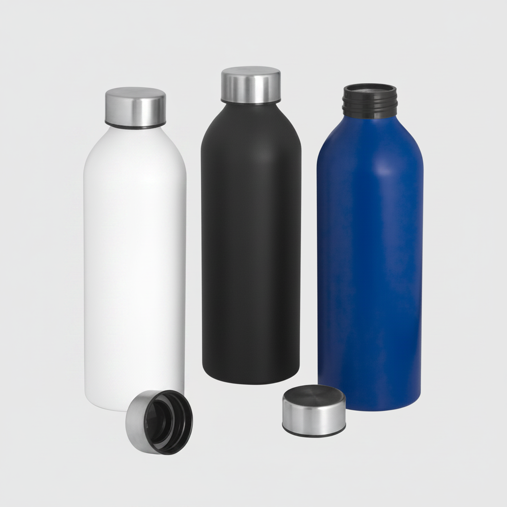 Botella de aluminio 750ml con acabado mate y tapa de acero inoxidable. Anillo antiderrame. Ideal para merchandising con logo grabado. Mínimo 100 unidades.