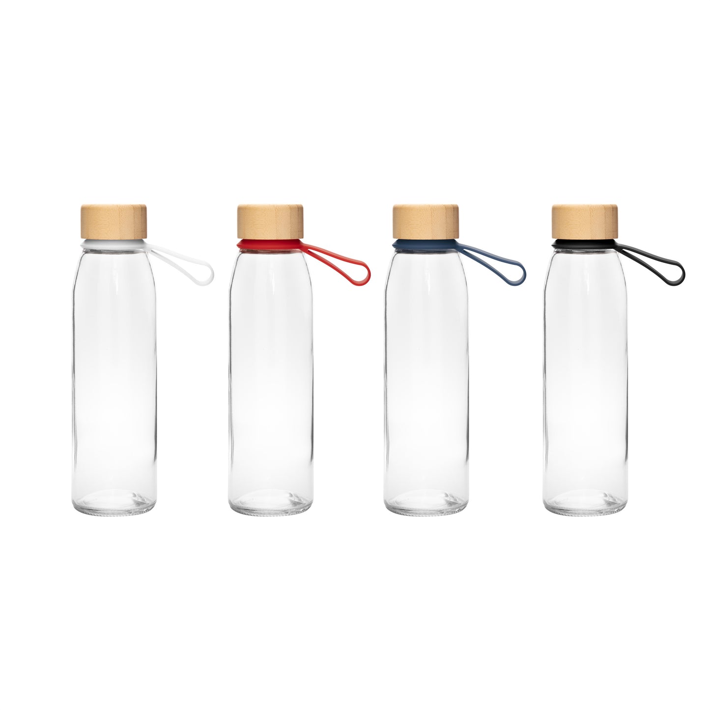 Eleva tu imagen corporativa con botellas de vidrio y tapa de bambú personalizadas. Diseño elegante de 700 ml, cierre hermético y correa de color para transportar. Con logo impreso. El regalo sustentable ideal para tus clientes. ¡Cotiza con nosotros!