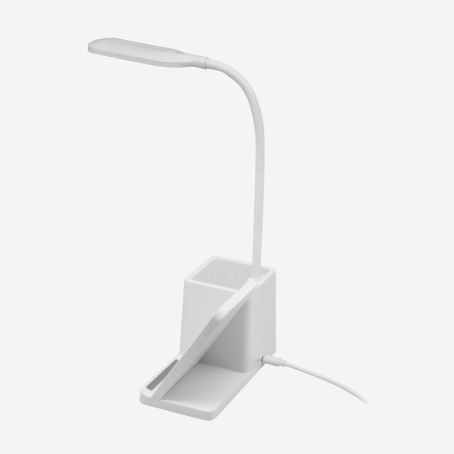 Lámpara de escritorio con cargador inalámbrico Qi 15W, 3 modos de luz y portabolígrafos. Cuello flexible, USB-C. Personalizable. Regalo corporativo. Mín. 50 uds.