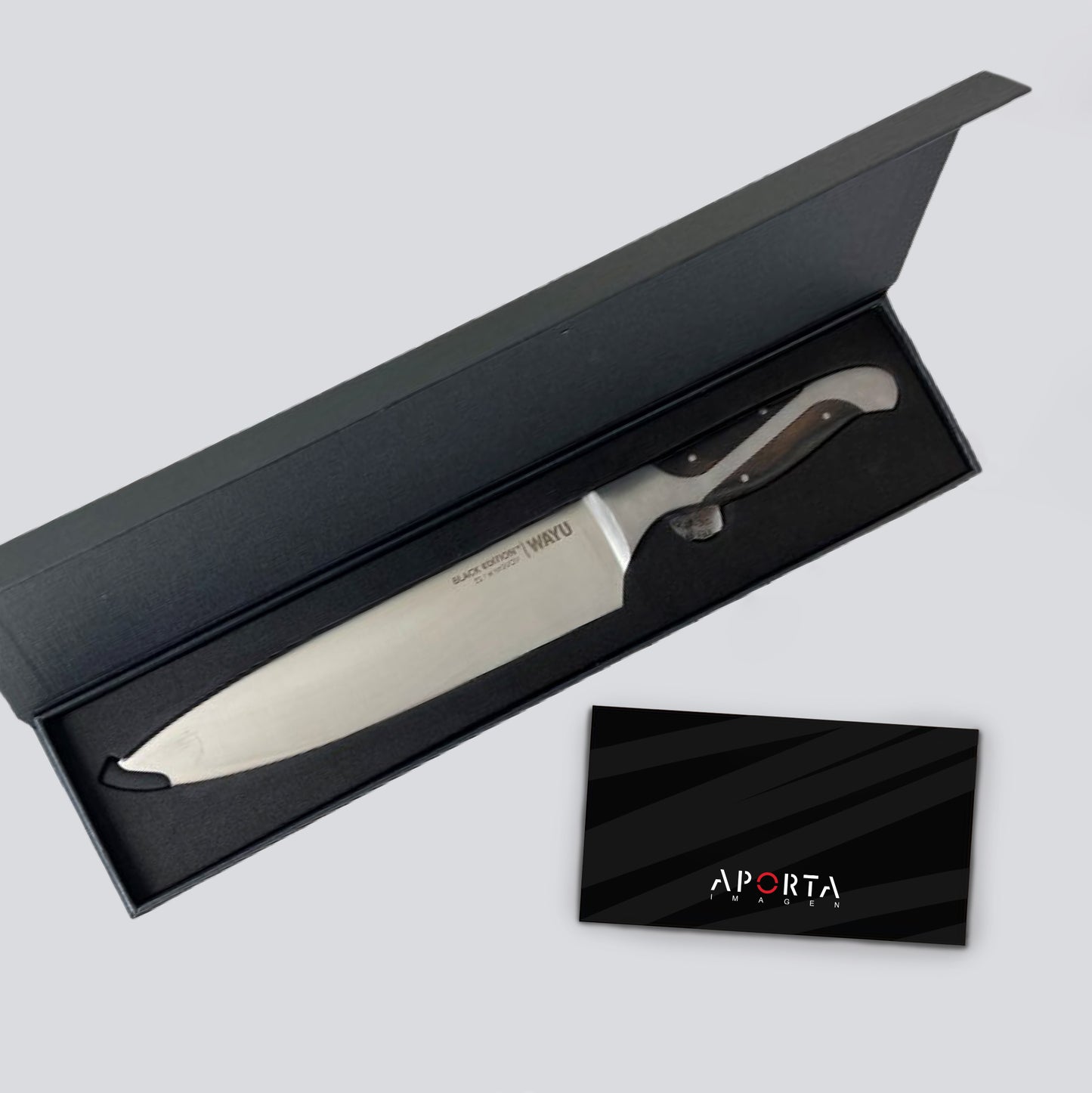 Cuchillo Chef Wayu Black Edition de 8 pulgadas en acero inoxidable. Un regalo corporativo premium que combina elegancia, precisión y presentación de alto nivel.