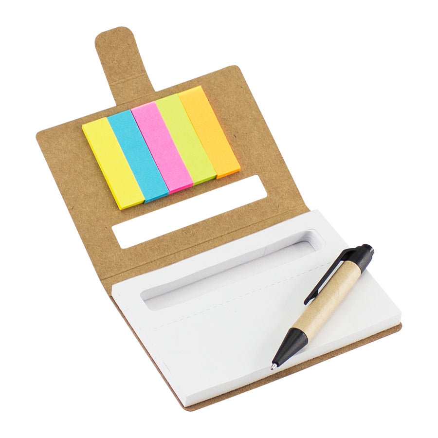 Memo set ecológico con bolígrafo corto, 125 banderitas adhesivas de colores y block 80 hojas. Ideal para merchandising sustentable.