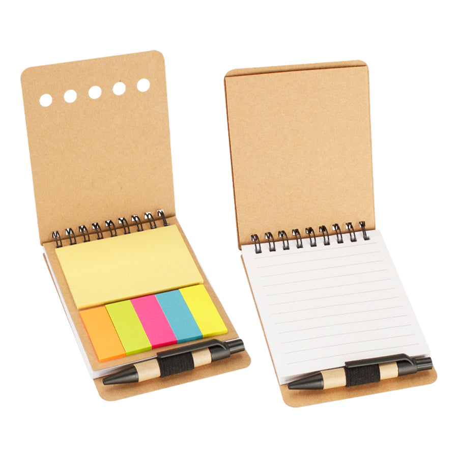 Memo set ecológico con bolígrafo, 125 banderitas, 25 notas adhesivas y block 60 hojas lineadas. Espiral metálico. Ideal para merchandising sustentable.