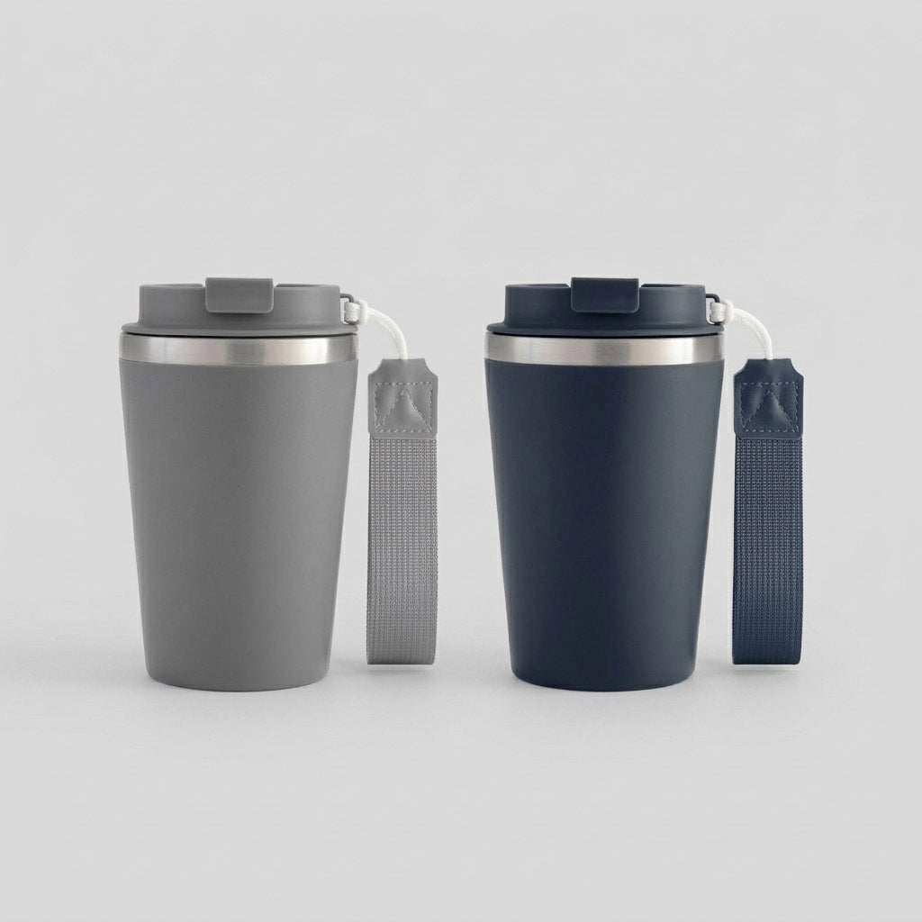 Mug de doble pared con seguro antiderrame, asa colgante y capacidad de 350ml. Regalo corporativo premium para el Día del Trabajador. Disponible en azul y gris claro.