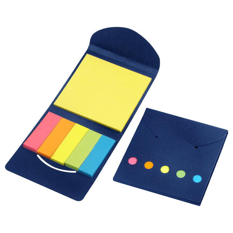 Porta notas adhesivas ecológico de cartón reciclado. Incluye 1 taco de 25 hojas y 5 tacos de banderitas adhesivas. Ideal para merchandising sustentable.
