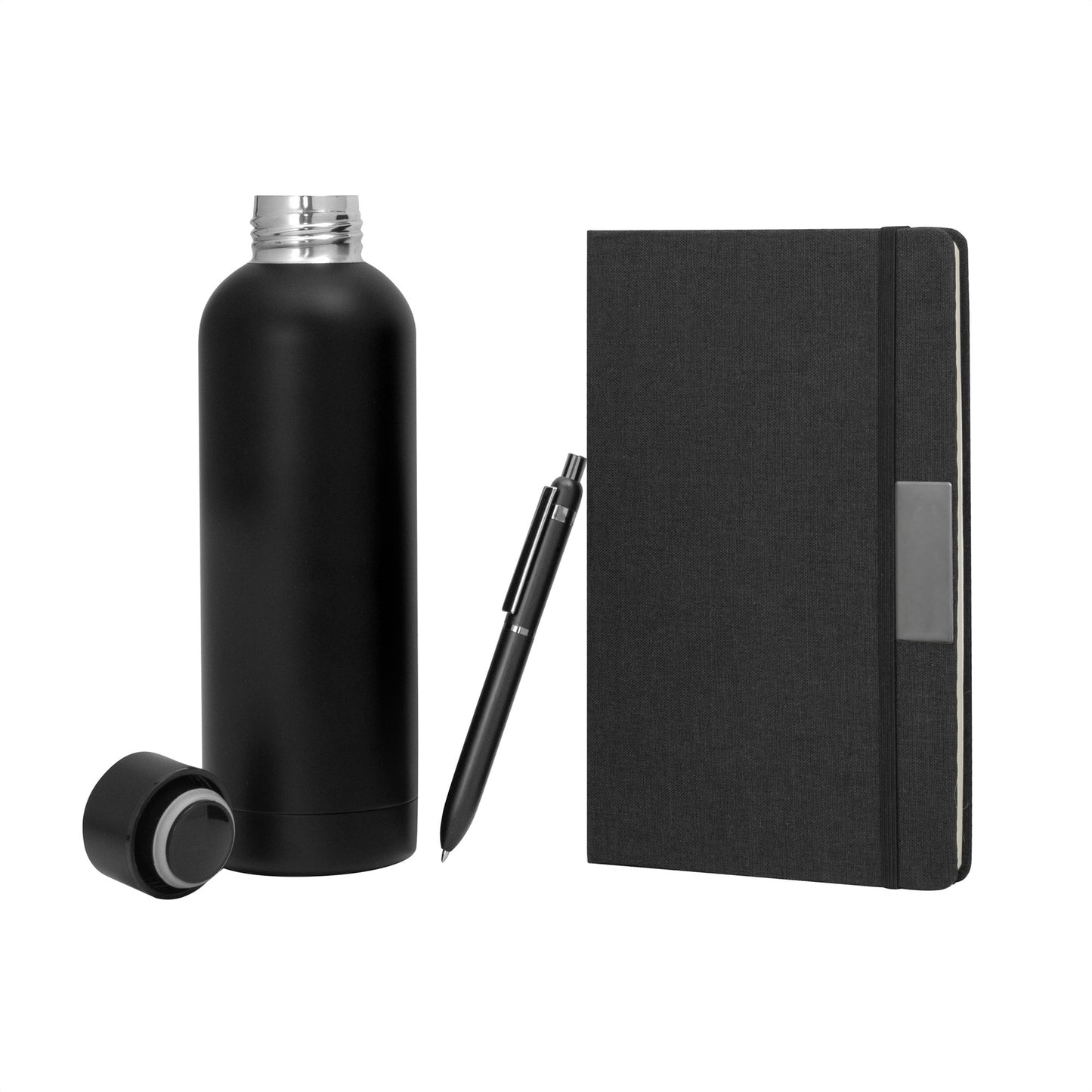Impresiona con este kit de regalo premium: botella térmica, libreta y bolígrafo negro mate. Personalízalo con tu logo. Pedido mínimo 50 unidades. ¡Cotiza ahora!