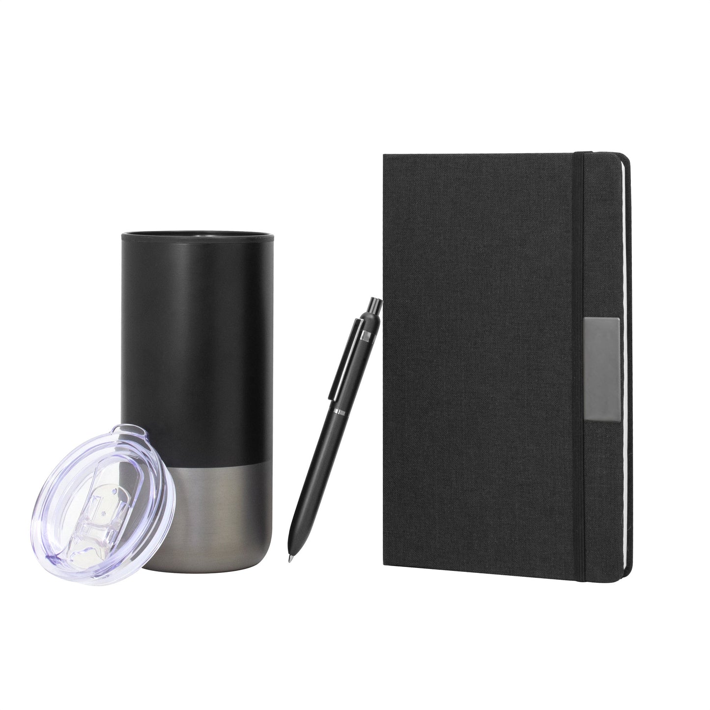 Set ejecutivo premium con libreta, mug térmico y bolígrafo de aluminio. Presentado en caja de regalo negra y personalizable con logo corporativo.