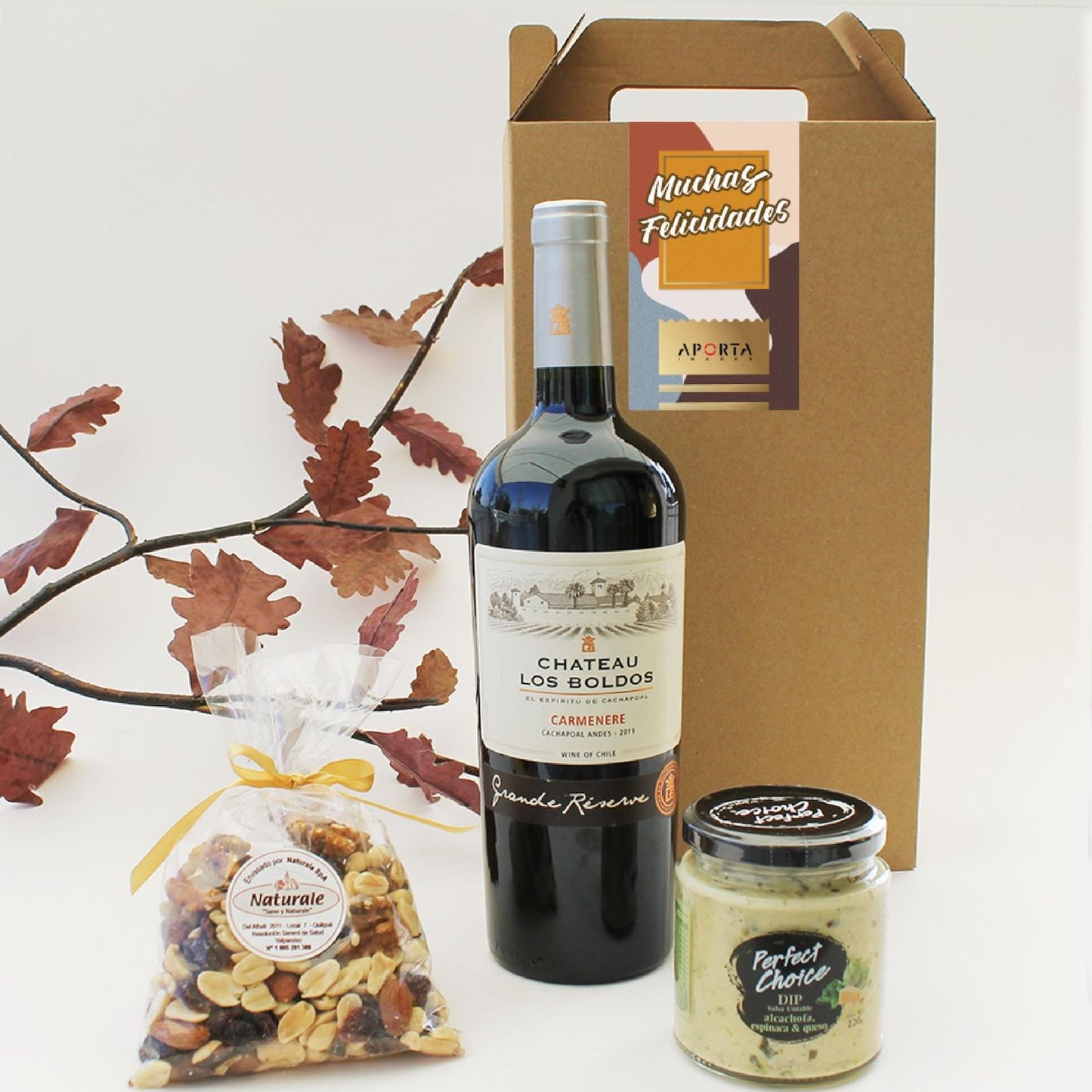 Set con vino Chateau Los Boldos Gran Reserva 750ml, salsa dip y mix frutos secos 150gr. En caja kraft con logo personalizable. Regalo corporativo.