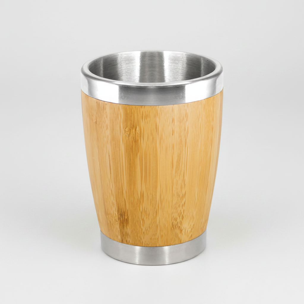 Vaso de madera de bambú 350cc con interior de acero inoxidable. Ecológico y sustentable. Logo impreso o grabado. Mínimo 100 unidades.