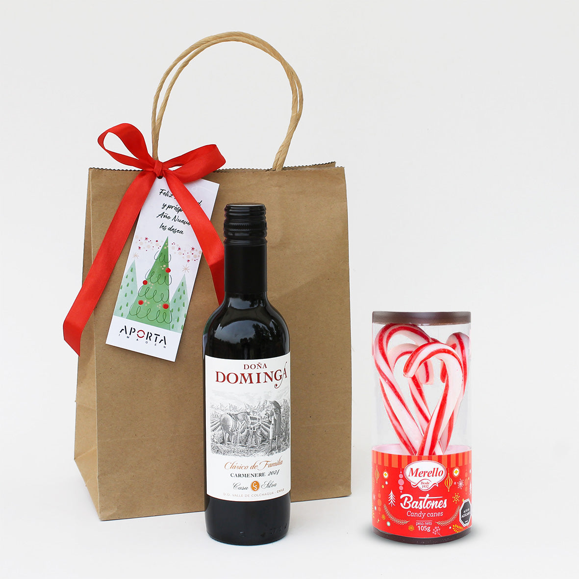 “Regalo Brindis Navideño con vino Doña Dominga y bastones de Navidad Merello – Aporta Imagen Chile”