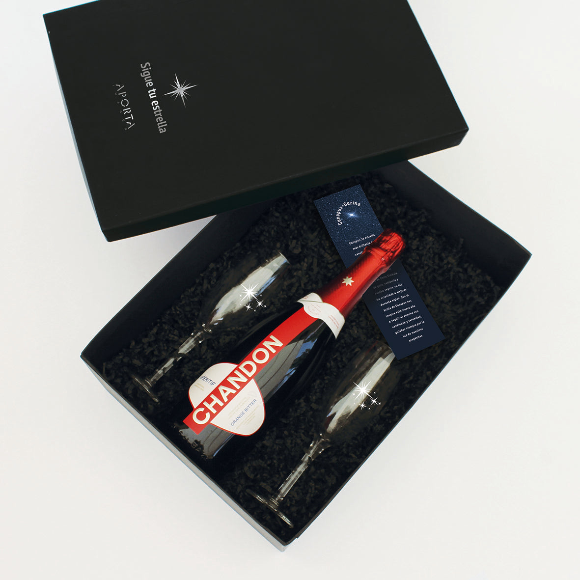 Regalo Edición Canopus con espumante Chandon Aperitif, dos copas grabadas y tarjeta con significado de la estrella Canopus – Aporta Imagen Chile”