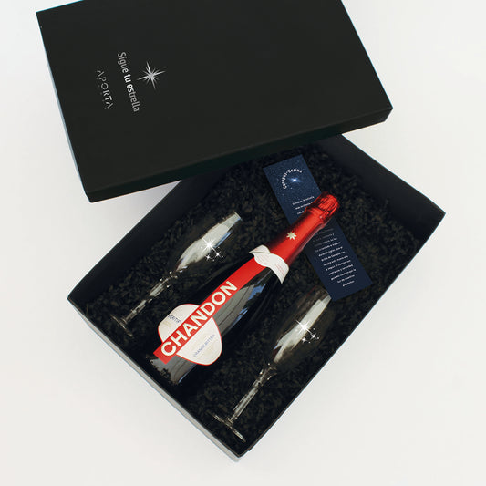 Regalo Edición Canopus con espumante Chandon Aperitif, dos copas grabadas y tarjeta con significado de la estrella Canopus – Aporta Imagen Chile”