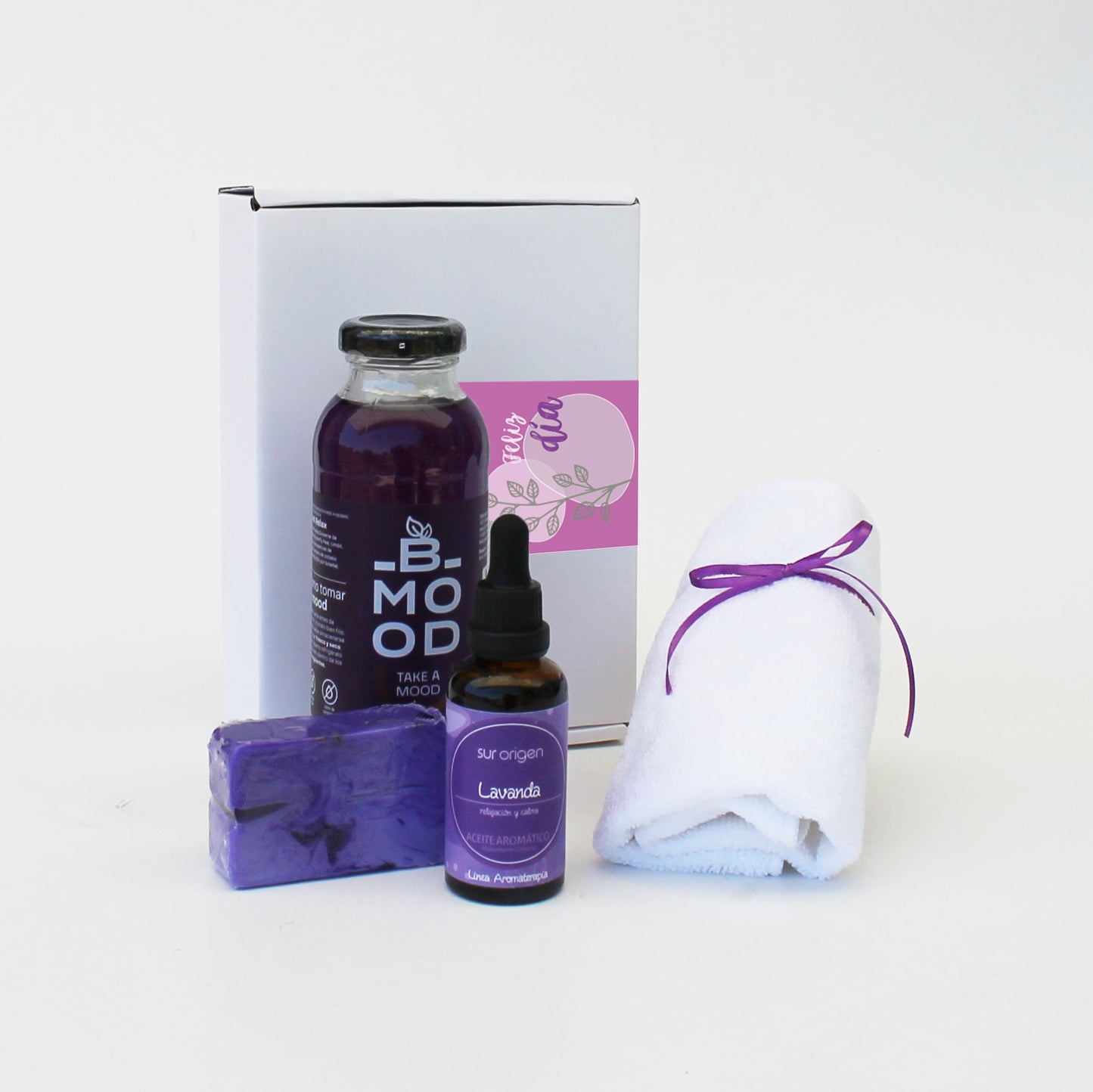 “Regalo Pausa Relax con jabón artesanal, aceite corporal de lavanda, infusión Bmood y toalla facial de microfibra – Aporta Imagen Chile”