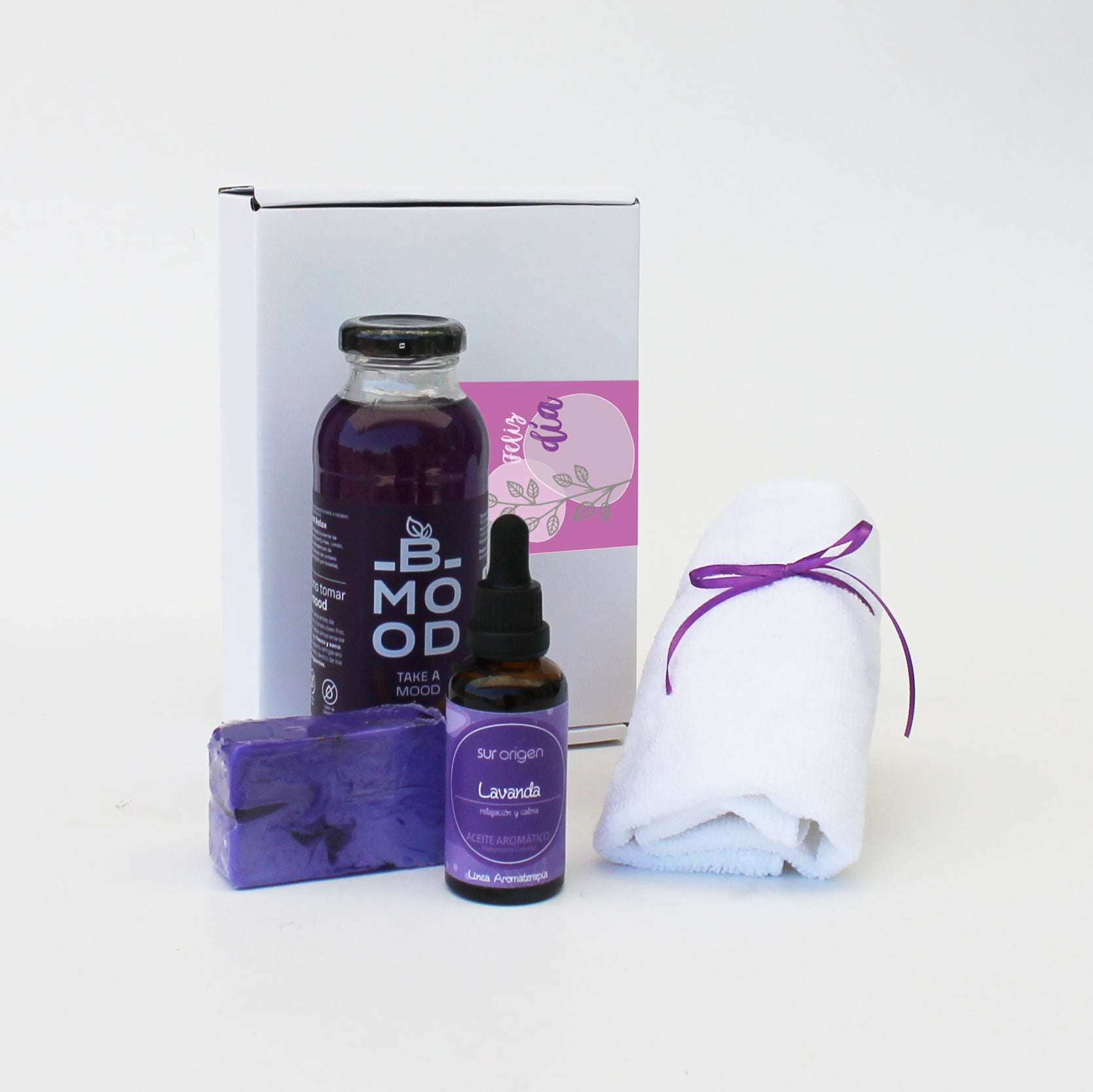 “Regalo Pausa Relax con jabón artesanal, aceite corporal de lavanda, infusión Bmood y toalla facial de microfibra – Aporta Imagen Chile”