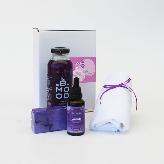 “Regalo Pausa Relax con jabón artesanal, aceite corporal de lavanda, infusión Bmood y toalla facial de microfibra – Aporta Imagen Chile”