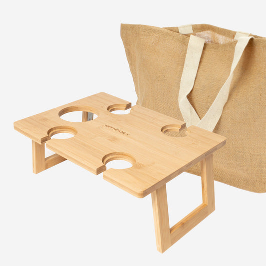“Regalo Aperitivo al Aire Libre con mesa de picnic plegable de madera y bolsa de yute – Aporta Imagen Chile”