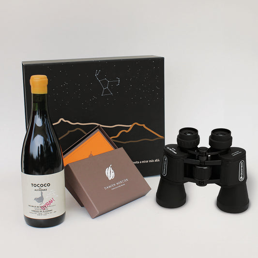 Regalo premium Horizonte Austral con vino Tococo, binoculares y chocolates Damien Mercier – Aporta Imagen Chile”