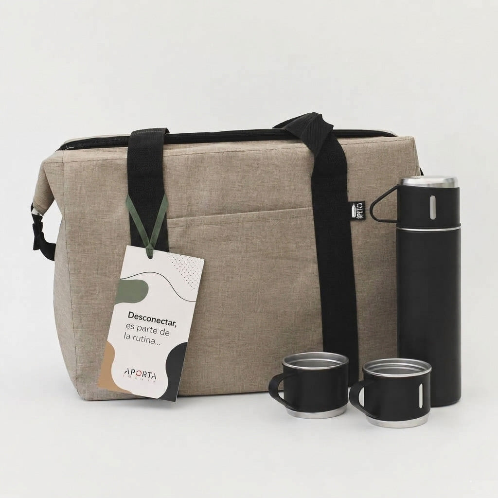Bolso térmico con termo y tazas de acero inoxidable. Un regalo ideal para disfrutar la desconexión, los viajes y los buenos momentos. Personalizable con logo.