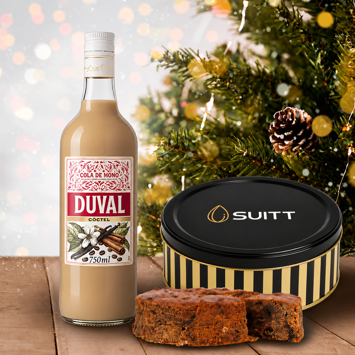 Set navideño con Cola de Mono artesanal Duval y Pan de Pascua Big Dan Suitt en envase metálico. Un regalo corporativo ideal para celebrar y compartir.