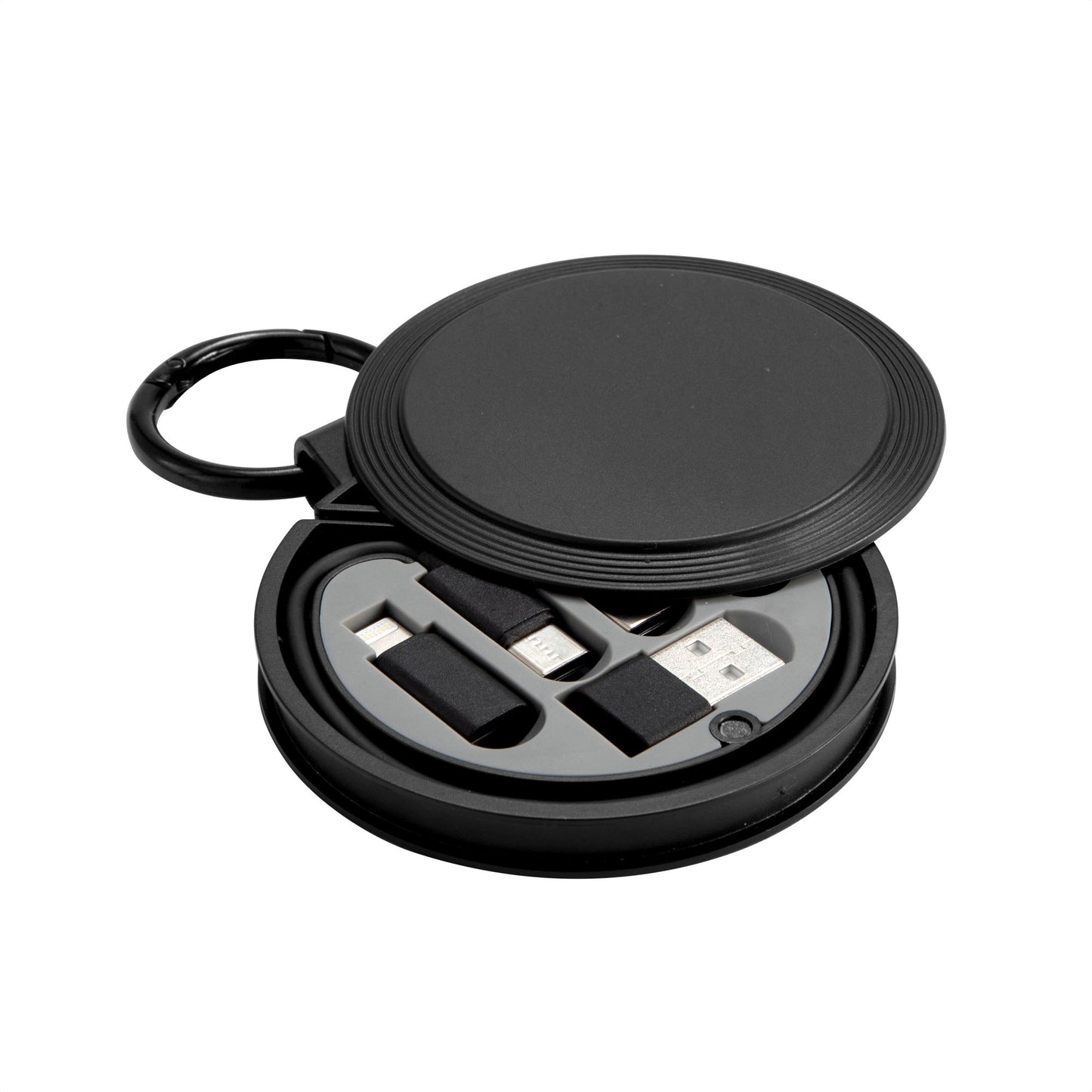 Potencia tu marca con este cable de carga rápida 4 en 1. Incluye estuche circular con mosquetón, adaptadores USB, Lightning y Micro USB. ¡Ideal como regalo corporativo! Opción de impresión de logo disponible. Cotiza hoy en Aporta Imagen.