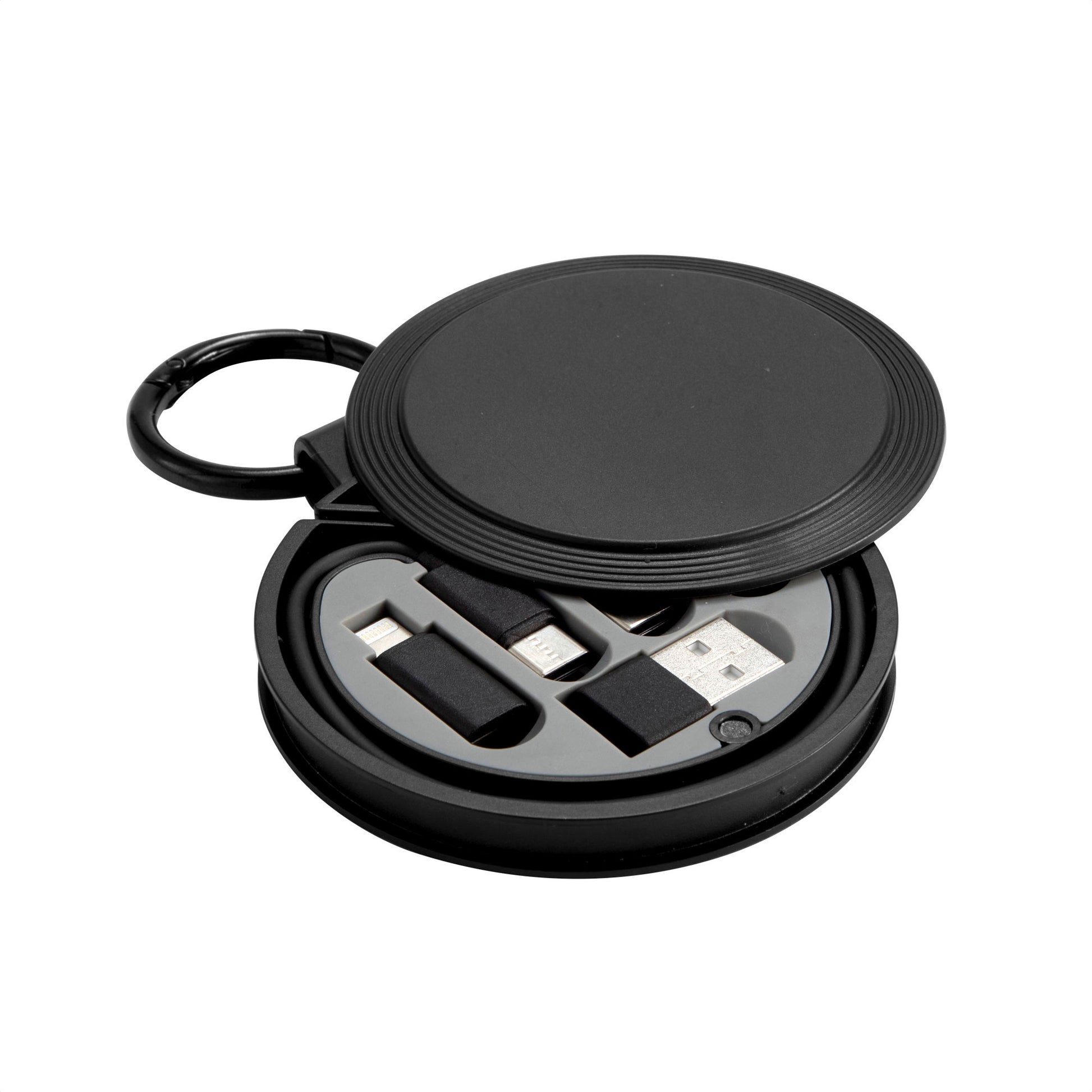 Potencia tu marca con este cable de carga rápida 4 en 1. Incluye estuche circular con mosquetón, adaptadores USB, Lightning y Micro USB. ¡Ideal como regalo corporativo! Opción de impresión de logo disponible. Cotiza hoy en Aporta Imagen.