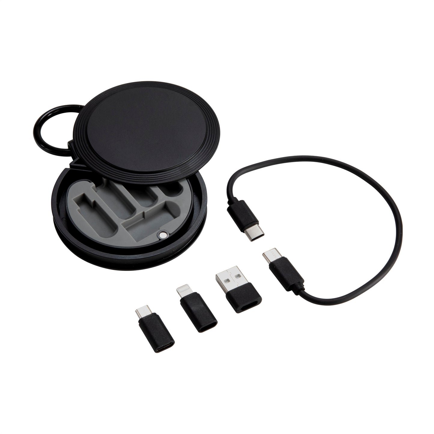 Potencia tu marca con este cable de carga rápida 4 en 1. Incluye estuche circular con mosquetón, adaptadores USB, Lightning y Micro USB. ¡Ideal como regalo corporativo! Opción de impresión de logo disponible. Cotiza hoy en Aporta Imagen.
