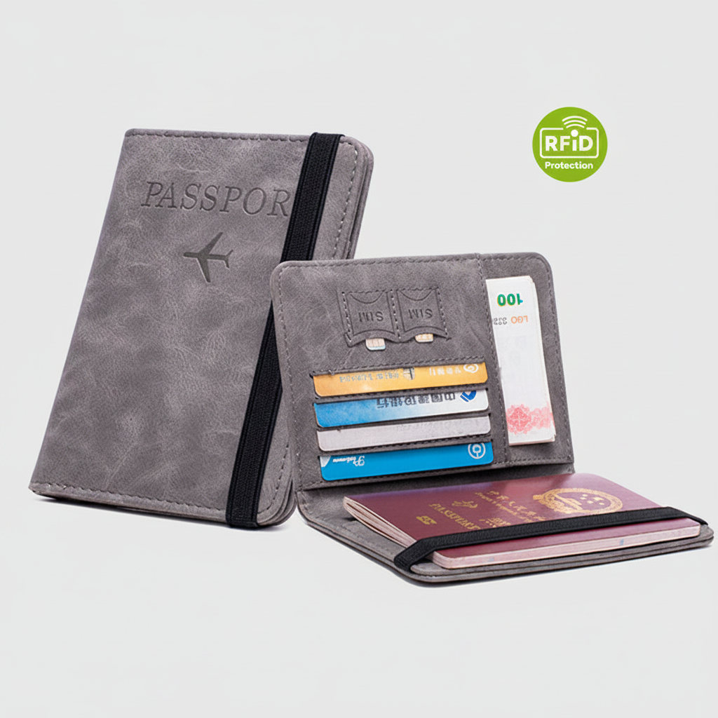 Billetera porta pasaporte de ecocuero personalizada con logo impreso. Incluye protección RFID, compartimentos para tarjetas y SIM card. Ideal para regalos corporativos y merchandising premium.