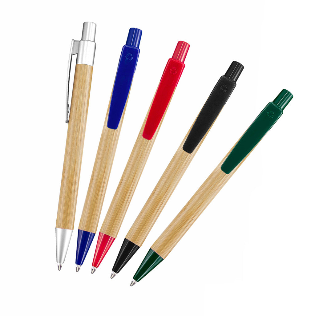 Bolígrafo ecológico con cuerpo de bamboo y componentes fabricados con PET reciclado. Un regalo corporativo sustentable que aporta imagen y compromiso ambiental.