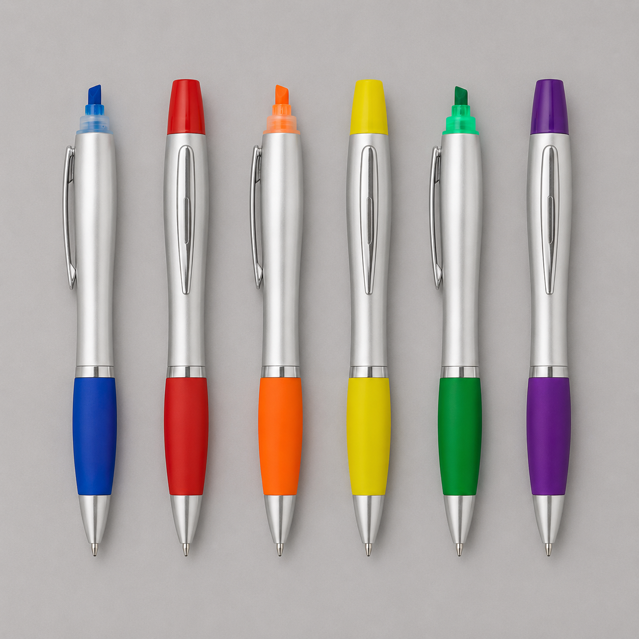 Bolígrafo promocional Wind Satin con destacador integrado y escritura azul. Ideal para merchandising corporativo con logo impreso. Mínimo 1.000 unidades.