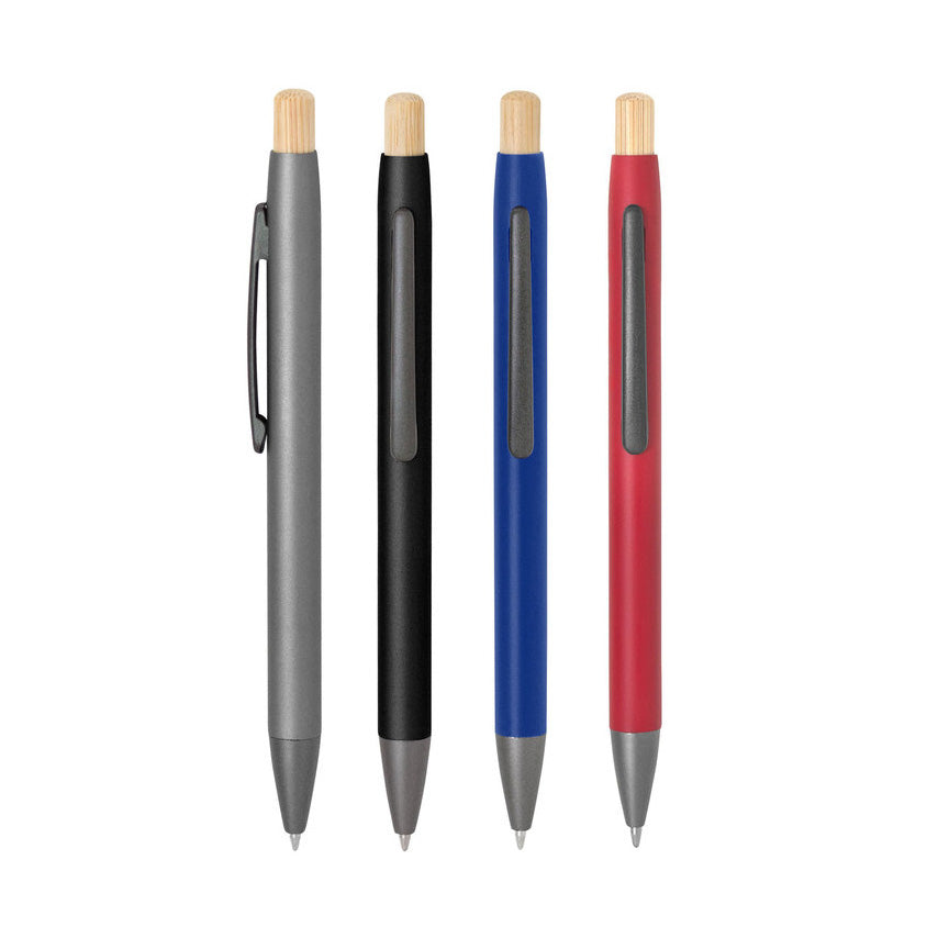 Bolígrafo retráctil con cuerpo metálico y pulsador de bambú. Personalizable con logo impreso o grabado. Un regalo corporativo elegante y sostenible.