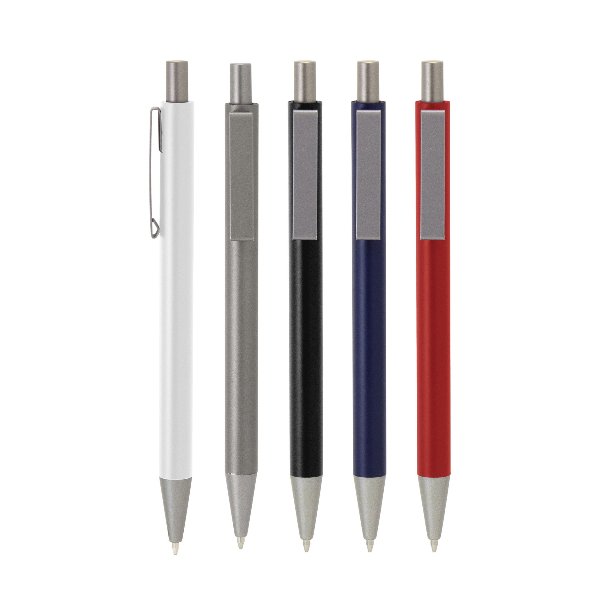 Este bolígrafo metálico combina la durabilidad y el peso de un instrumento de escritura de alta gama, moderno y minimalista. El acabado mate del cuerpo contrasta perfectamente con los detalles en gris gun metal, creando una estética sobria y sofisticada. Disponible en 5 colores.