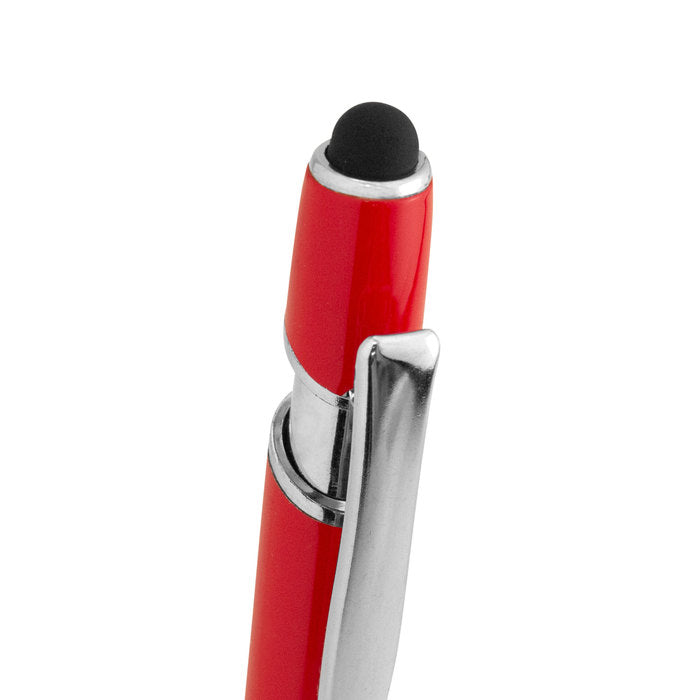 Bolígrafo metálico retráctil con pulsador touch. Puntera, anillos, clip y detalles del pulsador en plateado brillante. Con logo impreso o grabado. Pedido mínimo: 1.000 unidades.