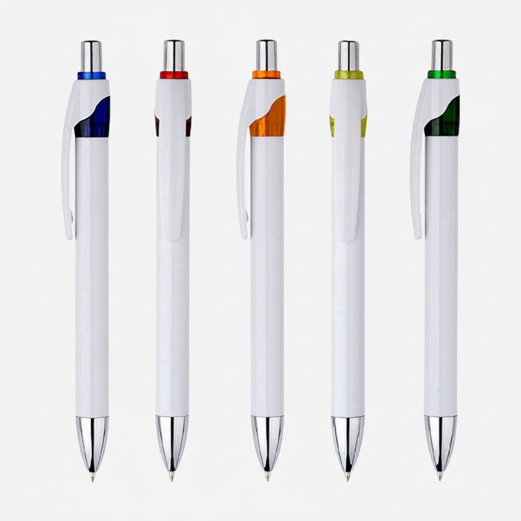 Bolígrafo promocional modelo Masai con cuerpo blanco e impresión de logo. Ideal para eventos, campañas publicitarias y regalos corporativos.