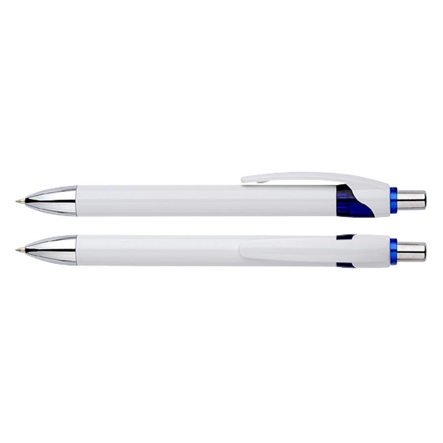 Bolígrafo promocional modelo Masai con cuerpo blanco e impresión de logo. Ideal para eventos, campañas publicitarias y regalos corporativos.