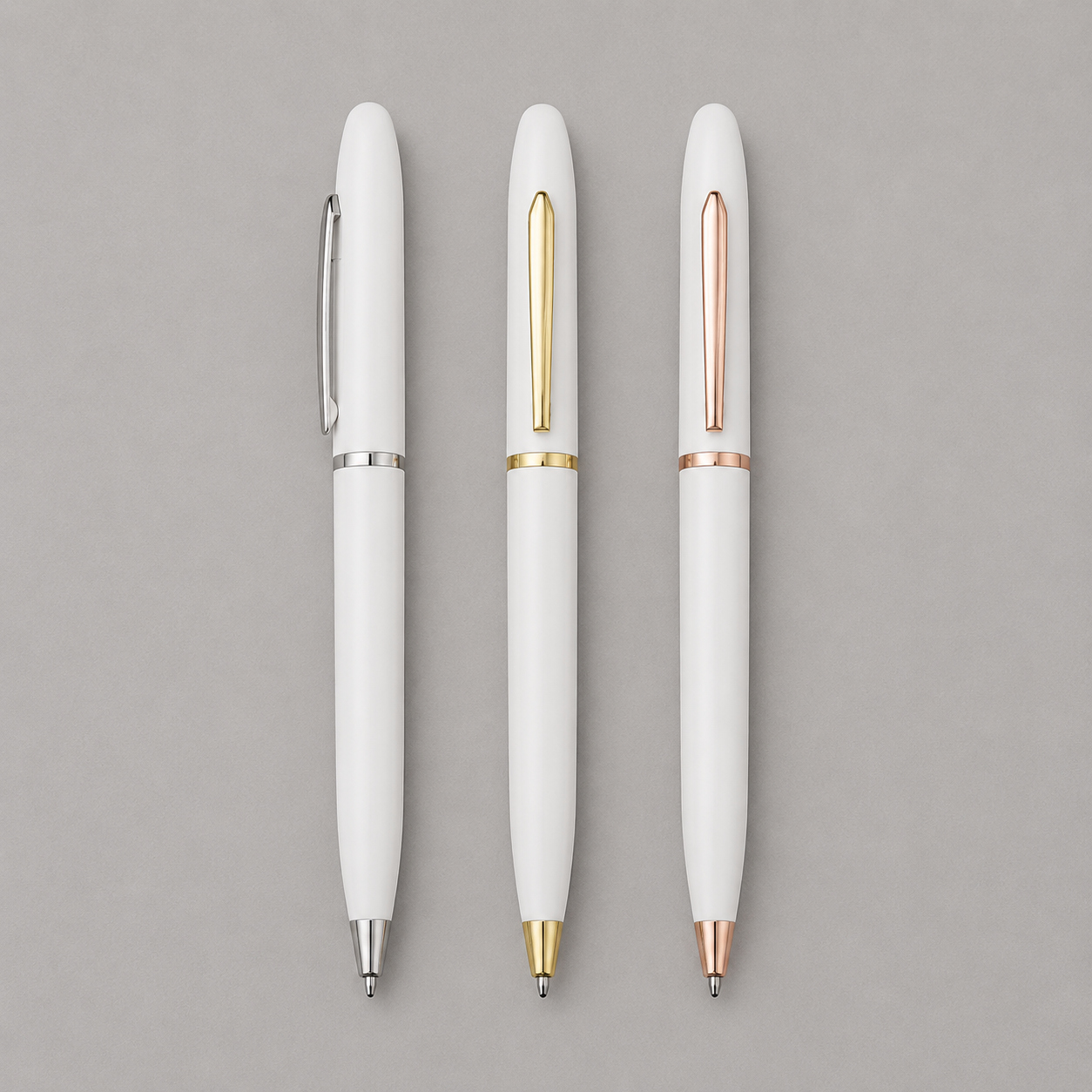 Fino bolígrafo metálico blanco modelo «Trooper», con terminales metálicos. Diseño simple y moderno. Escritura negra. Con logo impreso o grabado. Pedido mínimo: 200 unidades.