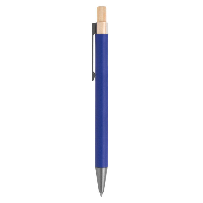 Bolígrafo retráctil de aluminio y bambú. Cuerpo metálico y pulsador de bambú. Tinta negra. Con logo impreso o grabado. Pedido mínimo: 1.000 unidades.