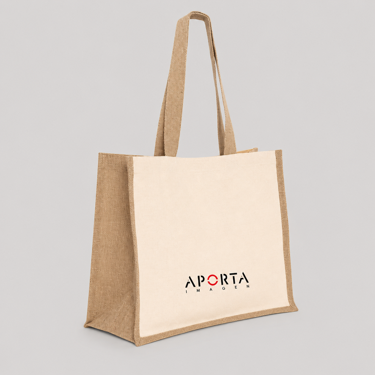 Bolsa de algodón con fuelle de yute laminado, 20 litros de capacidad y diseño resistente. Un regalo corporativo ecológico, práctico y personalizable con logo. Cotiza con nosotros.