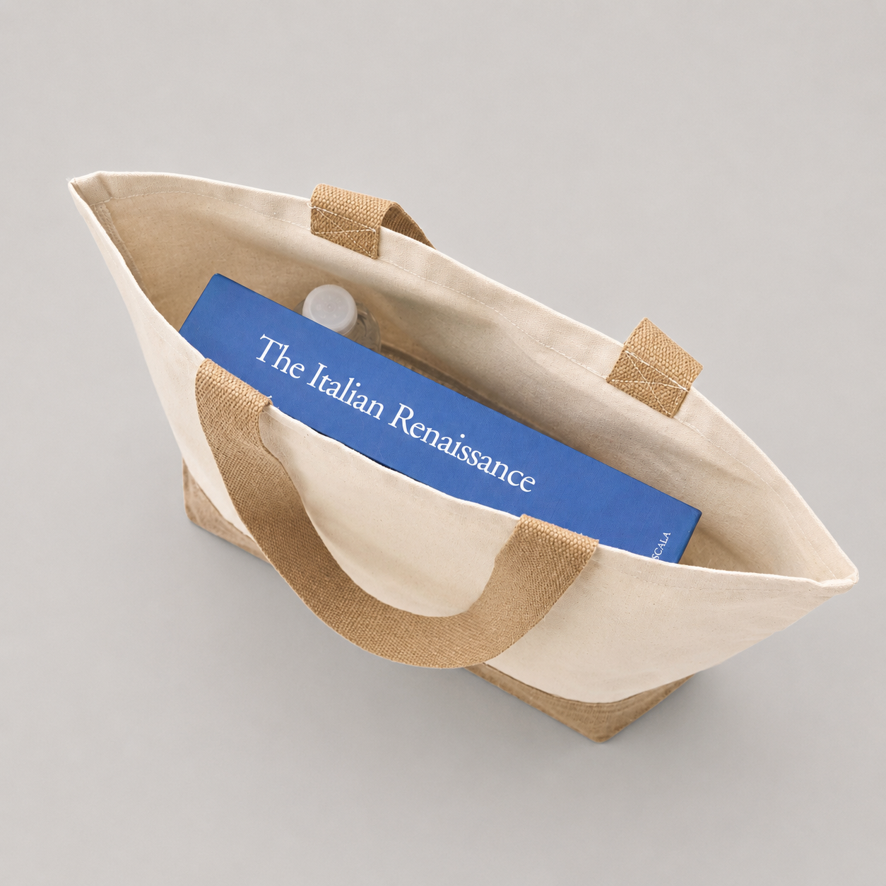 Bolsa de algodón con fuelle de yute laminado, 20 litros de capacidad y diseño resistente. Un regalo corporativo ecológico, práctico y personalizable con logo.