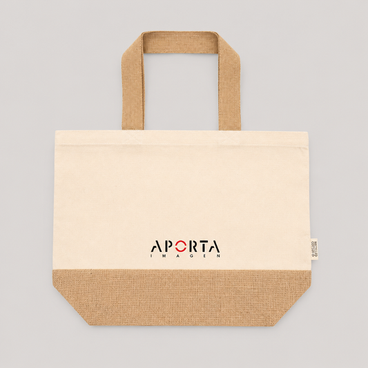 Bolsa de algodón con fuelle de yute laminado, 20 litros de capacidad y diseño resistente. Un regalo corporativo ecológico, práctico y personalizable con logo.